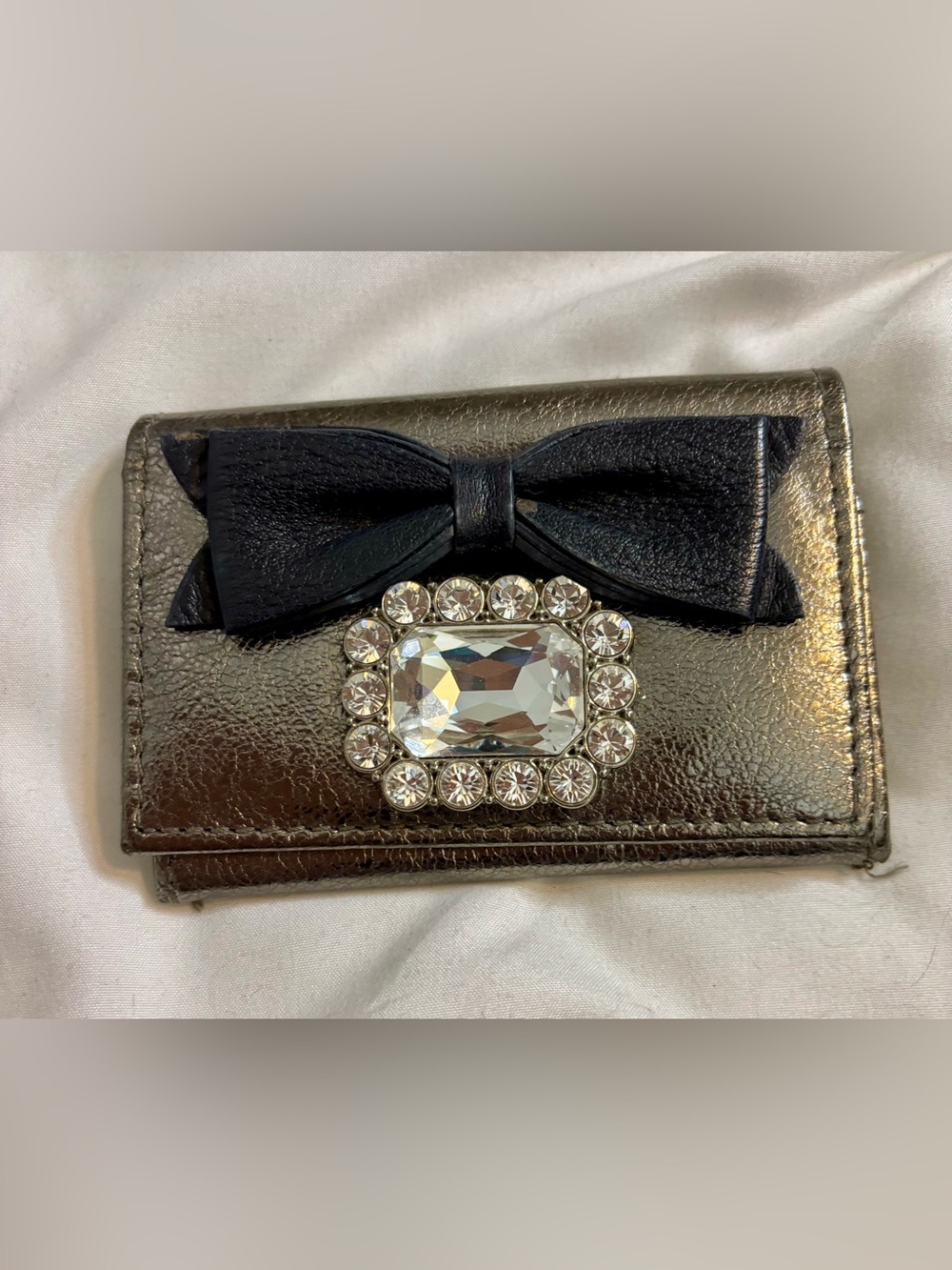 My Flat in London Metallic Silver Wallet with Black Bow and Crystal Accent